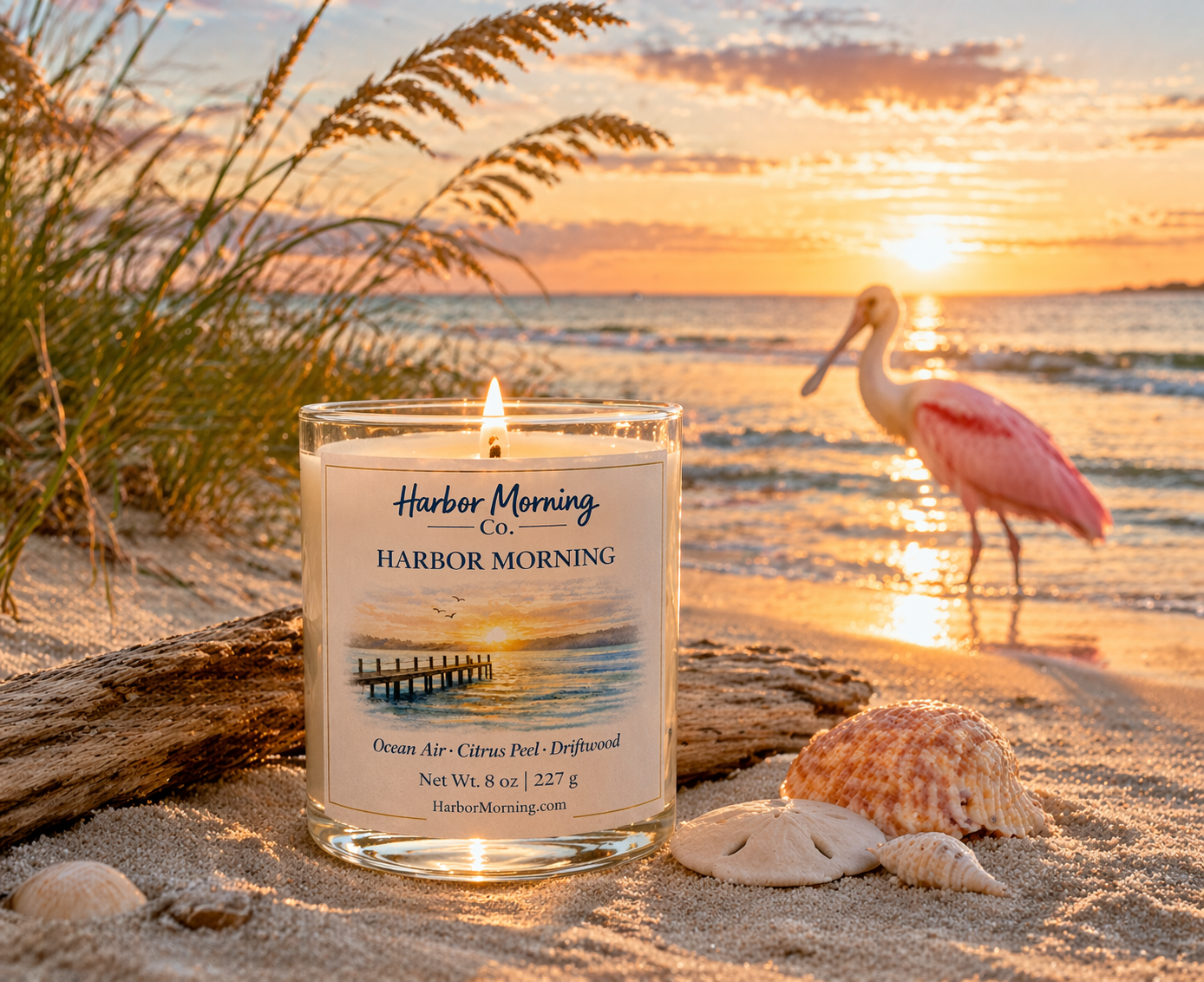 Harbor Morning Co. signature 8oz hand-poured coastal soy candle on the beach at sunrise with driftwood, seashells, and a pink spoonbill by the water