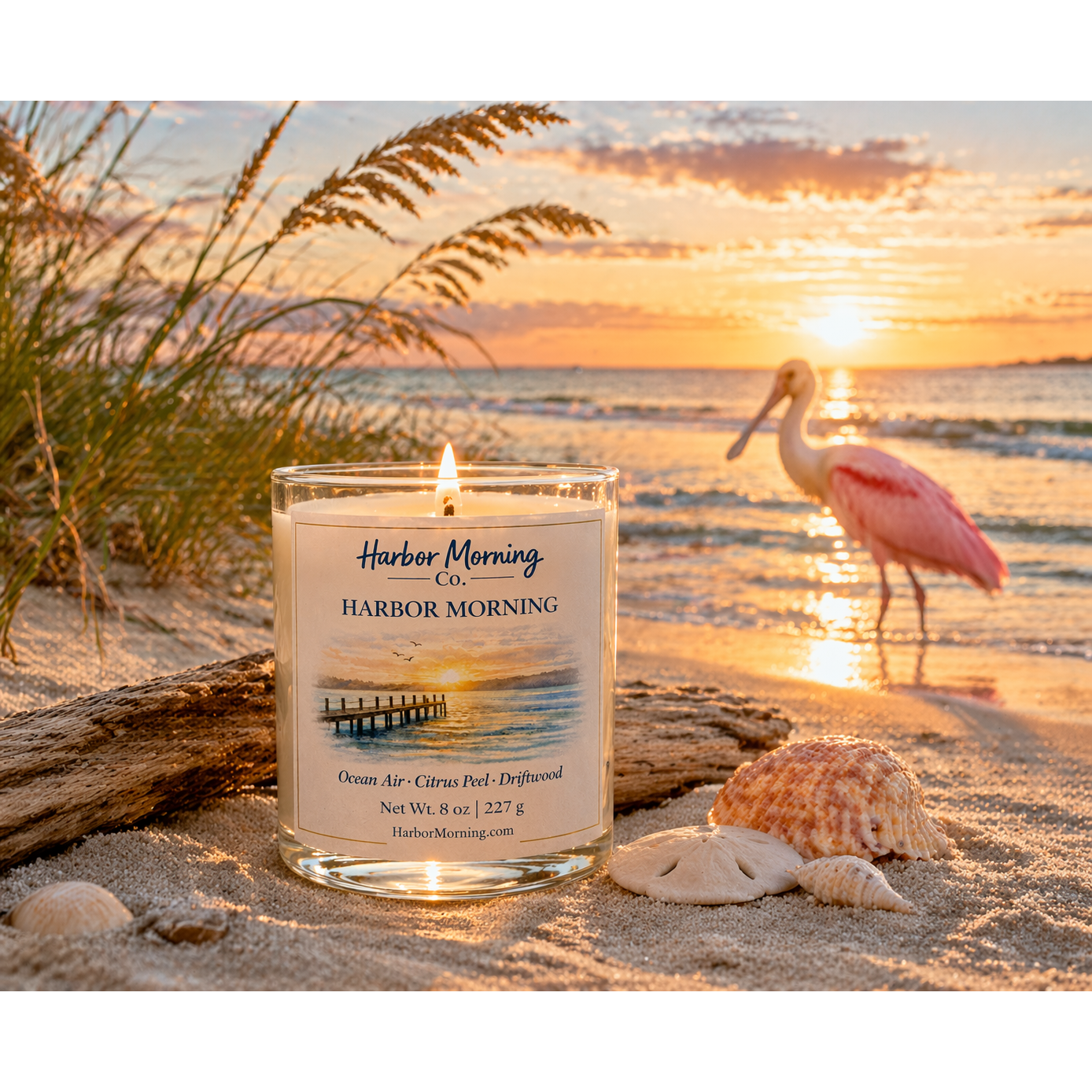 Harbor Morning Co. signature 8oz hand-poured coastal soy candle on the beach at sunrise with driftwood, seashells, and a pink spoonbill by the water