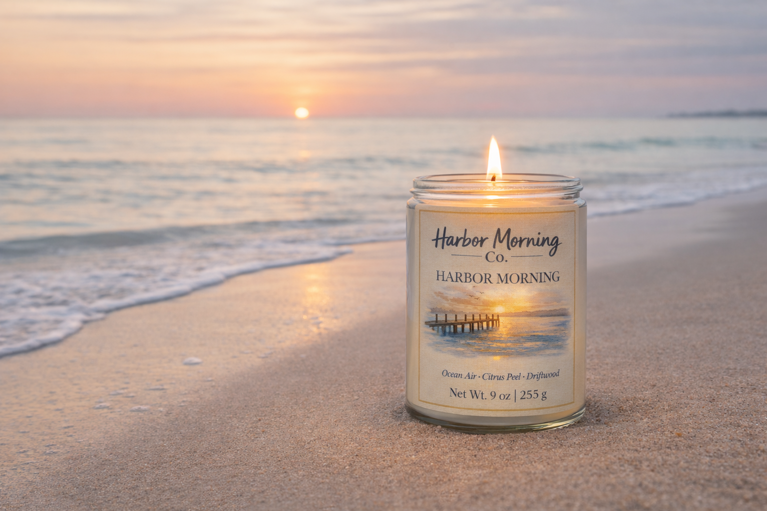Harbor Morning Co. signature 8oz hand-poured coastal soy candle on a calm beach at sunset with gentle waves — coastal wellness inspired by Florida's Gulf Coast