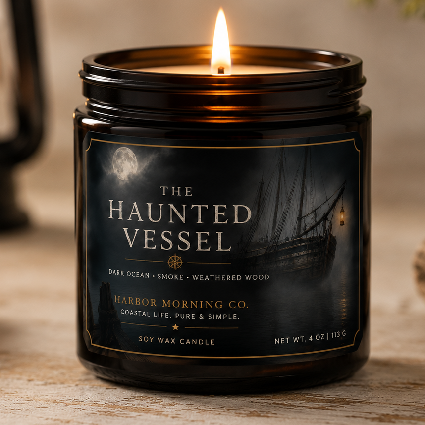 The Haunted Vessel 8 oz Halloween soy candle by Harbor Morning Co.