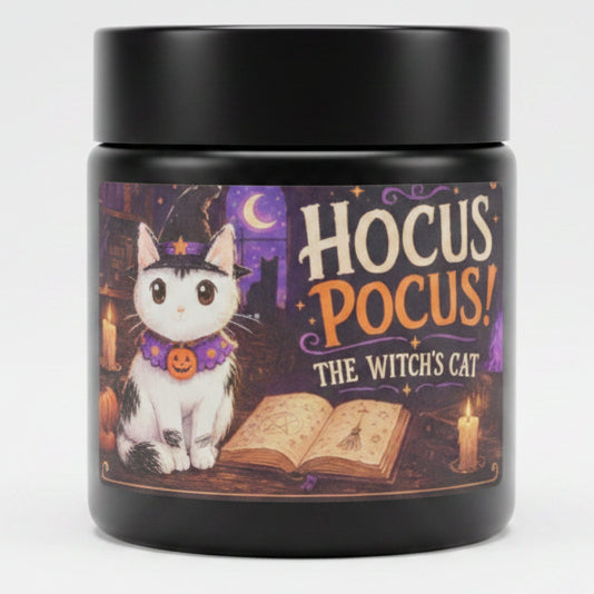 Hocus Pocus The Witch's Cat 4 oz Halloween candle in matte black jar by Harbor Morning Co.