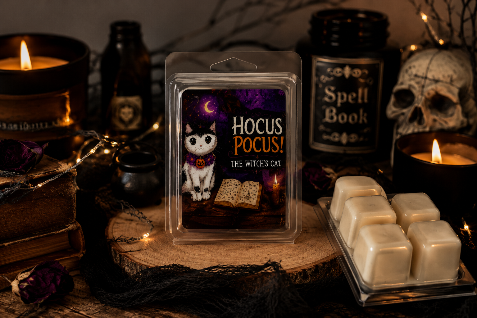 Hocus Pocus The Witch's Cat wax melts styled in a moody Halloween scene with candles, books, and spooky decor