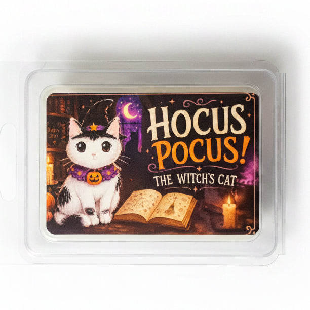 Hocus Pocus The Witch's Cat wax melts in clear clamshell packaging by Harbor Morning Co.