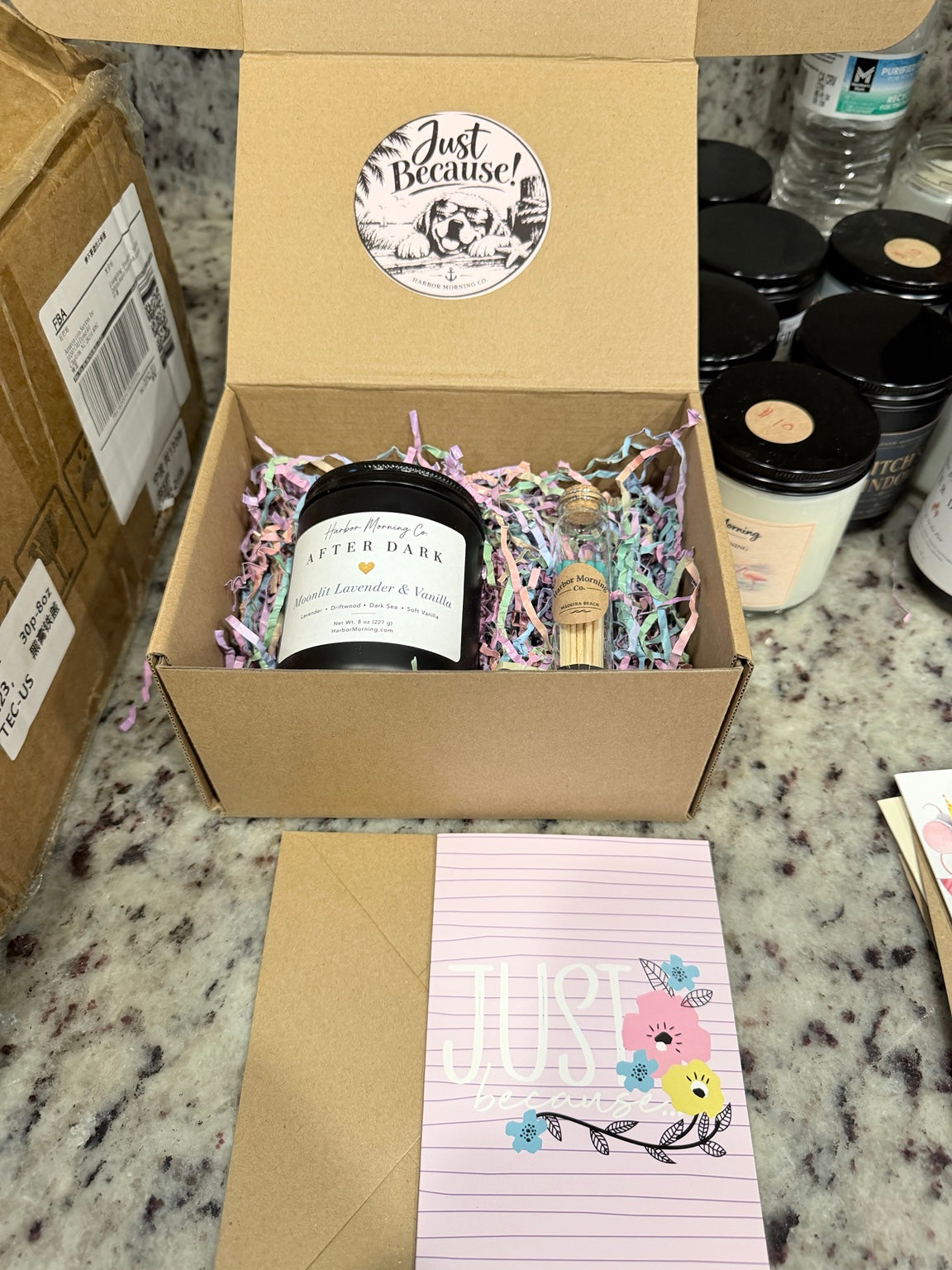 Just Because candle gift box with Moonlit Lavender & Vanilla candle, matches, and greeting card