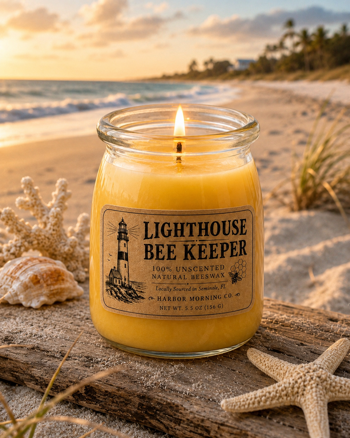 Lit Lighthouse Bee Keeper beeswax candle outdoors on the beach at golden hour.