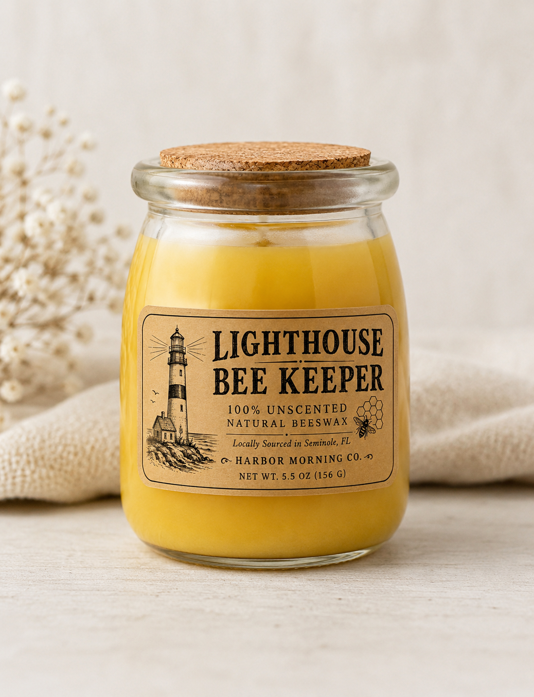 Lighthouse Bee Keeper 100% natural beeswax candle by Harbor Morning Co.