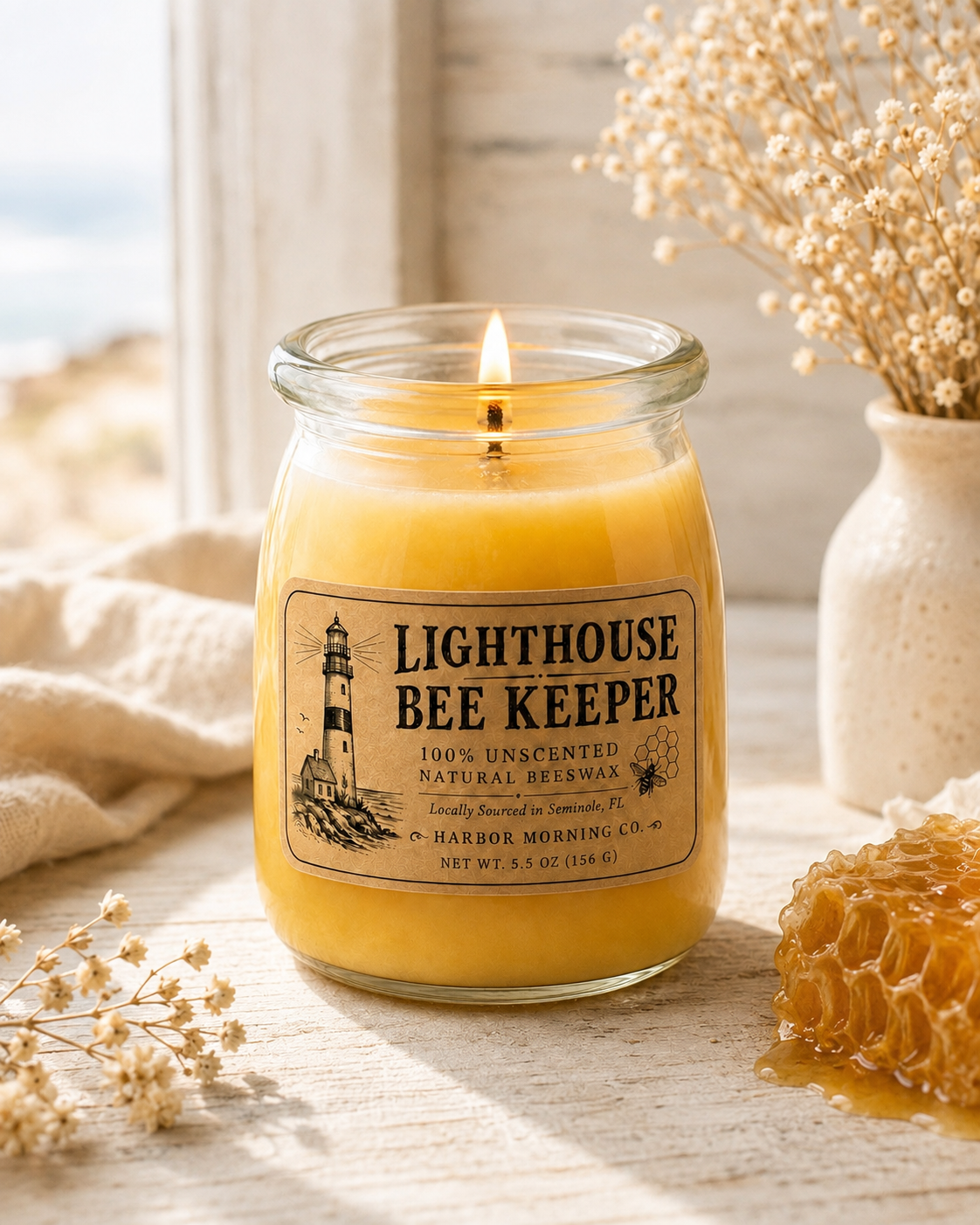 Lighthouse Bee Keeper beeswax candle in a cozy golden lifestyle setting.