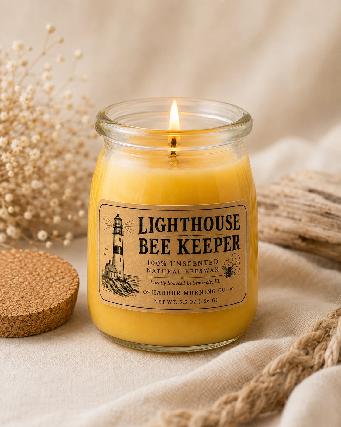 Lit Lighthouse Bee Keeper natural beeswax candle in a warm rustic setting.