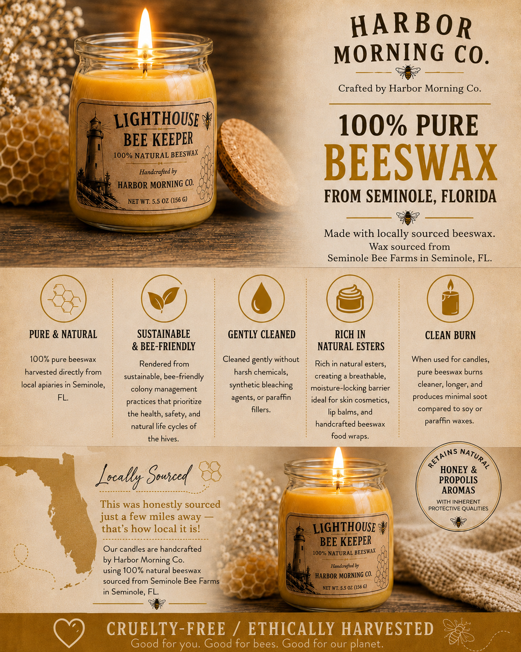 Infographic explaining Harbor Morning Co. beeswax candle made with wax sourced from Seminole Bee Farms in Seminole, Florida.