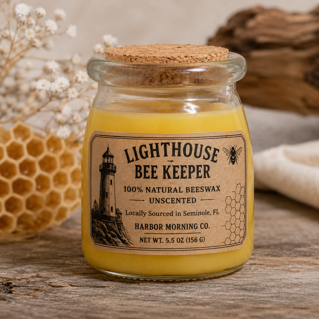 Styled Lighthouse Bee Keeper beeswax candle with honeycomb and florals.