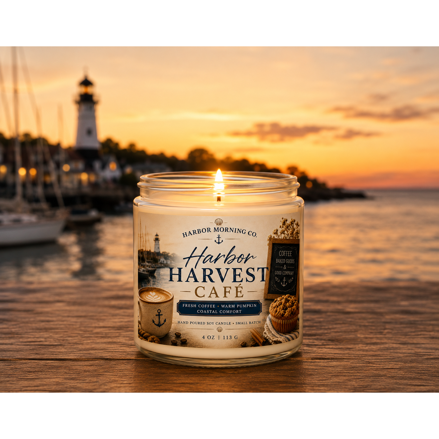 Harbor Harvest Cafe 4 oz pumpkin and coffee soy candle lit