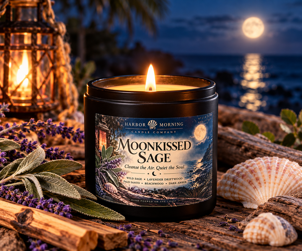 Moonkissed Sage 8 oz coastal candle lit beside sage, lavender and shells