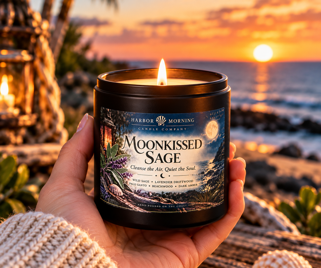 Moonkissed Sage 8 oz candle held in hand for size reference