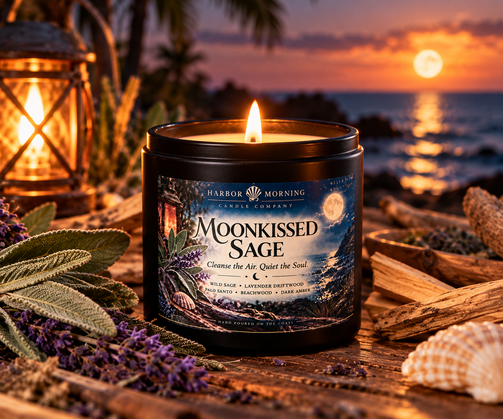 Moonkissed Sage candle in a coastal sunset lifestyle setting
