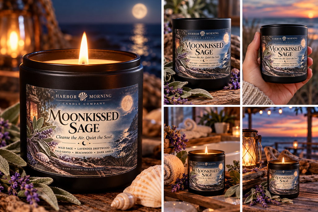 Moonkissed Sage candle scent profile and lifestyle imagery