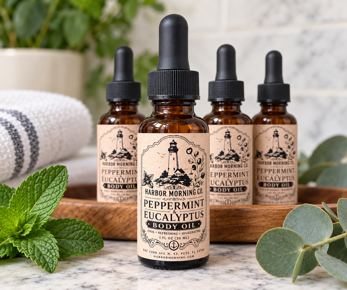 Harbor Morning Peppermint and Eucalyptus Body Oil, 1 fl oz amber dropper bottle