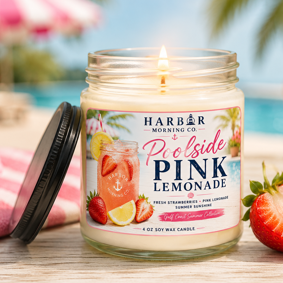 Poolside Pink Lemonade 4 oz soy candle lit