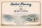 Harbor Morning Co. Quiet Cove 8oz coastal soy candle label featuring a calm cove with a fishing boat — hand-poured in Florida