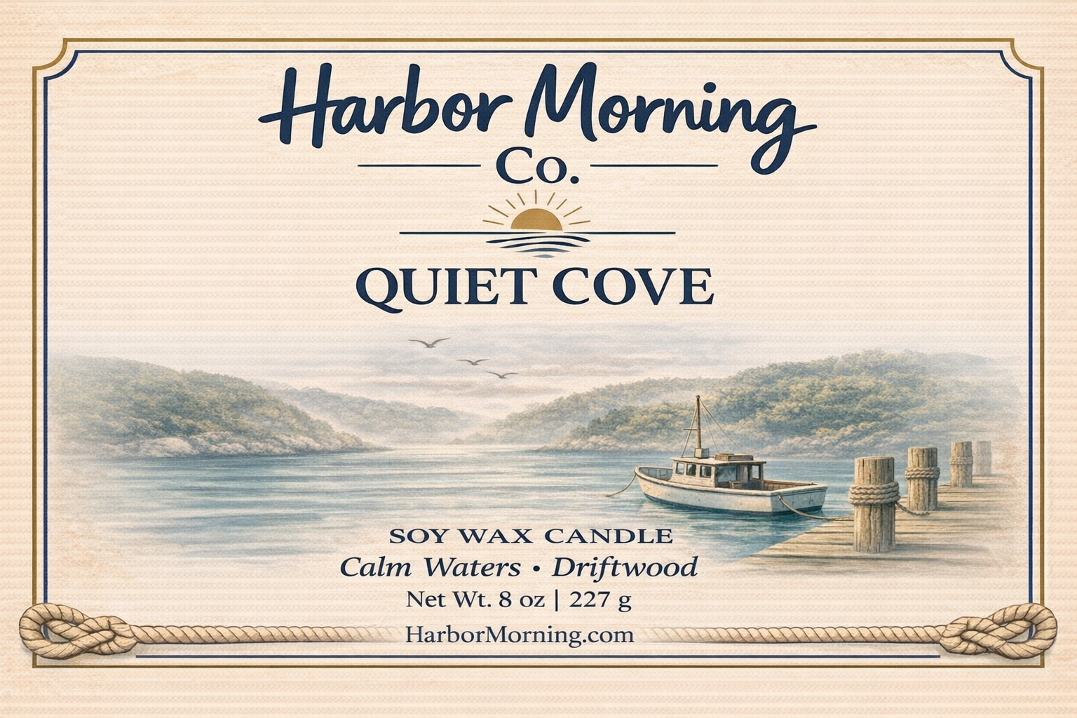 Harbor Morning Co. Quiet Cove 8oz coastal soy candle label featuring a calm cove with a fishing boat — hand-poured in Florida