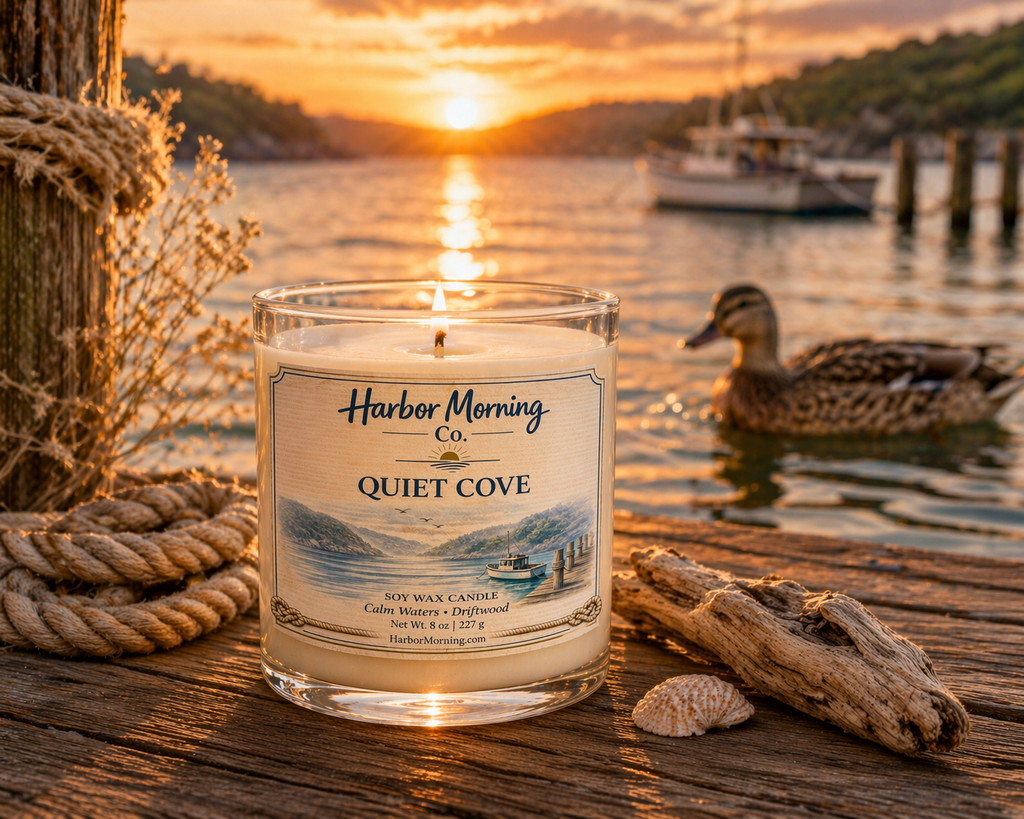 Harbor Morning Co. Quiet Cove 8oz hand-poured coastal soy candle on a pier with weathered boat rope, driftwood, seashell, fishing boat, and duck swimming at sunrise