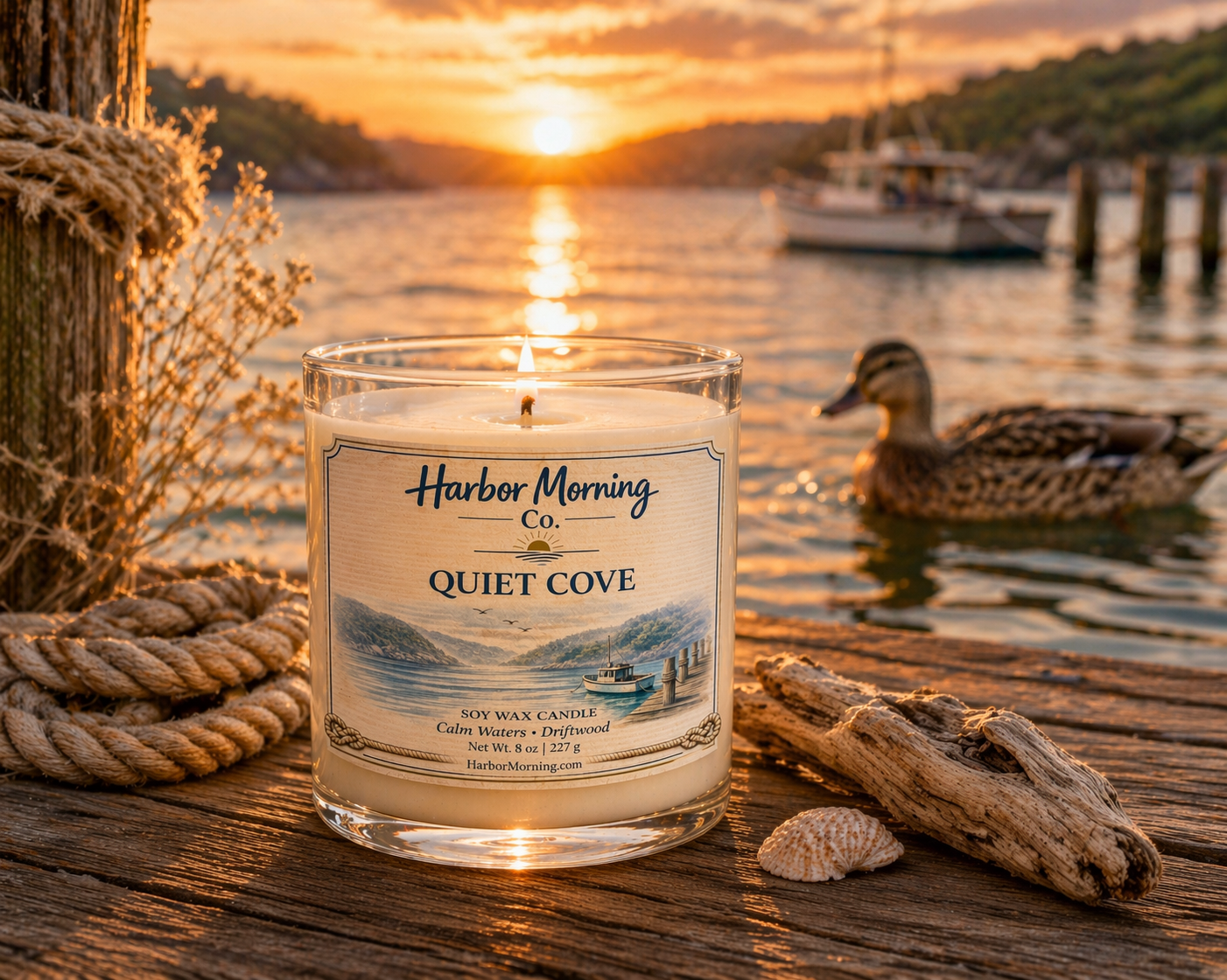 Harbor Morning Co. Quiet Cove 8oz hand-poured coastal soy candle on a pier with weathered boat rope, driftwood, seashell, fishing boat, and duck swimming at sunrise
