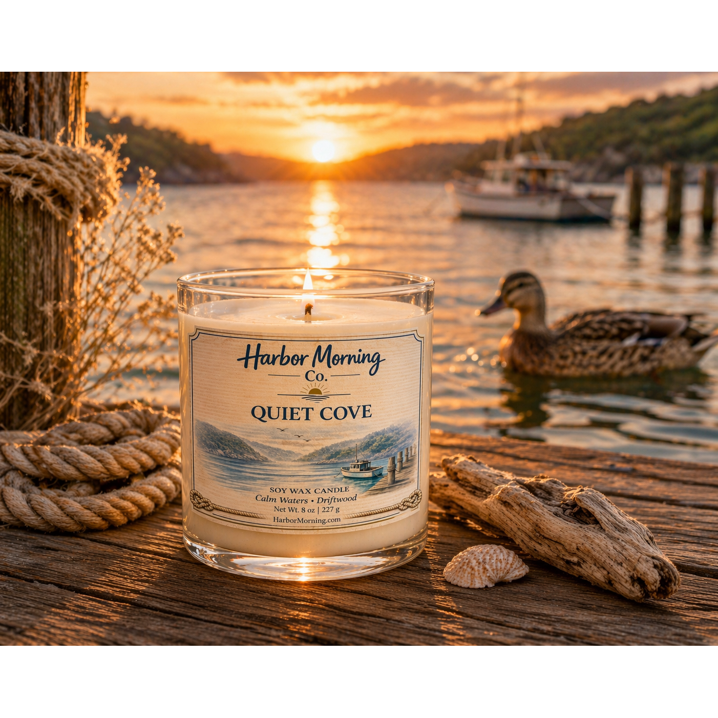 Harbor Morning Co. Quiet Cove 8oz hand-poured coastal soy candle on a pier with weathered boat rope, driftwood, seashell, fishing boat, and duck swimming at sunrise