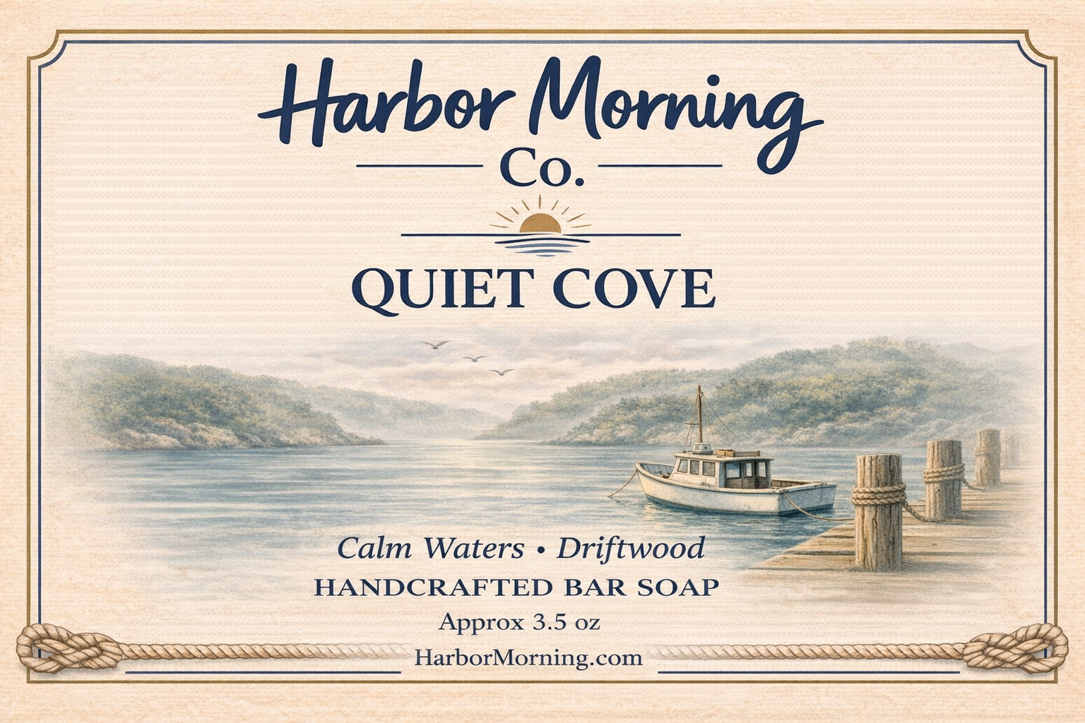 Harbor Morning Co. Quiet Cove handcrafted goat milk soap label featuring calm cove waters, driftwood, and a small fishing boat tied to a pier