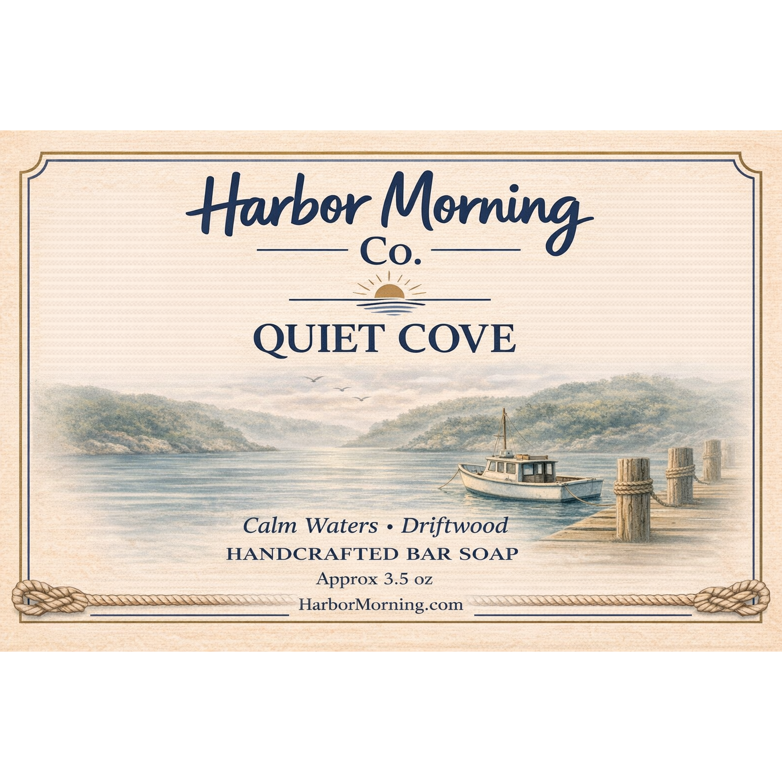 Harbor Morning Co. Quiet Cove handcrafted goat milk soap label featuring calm cove waters, driftwood, and a small fishing boat tied to a pier