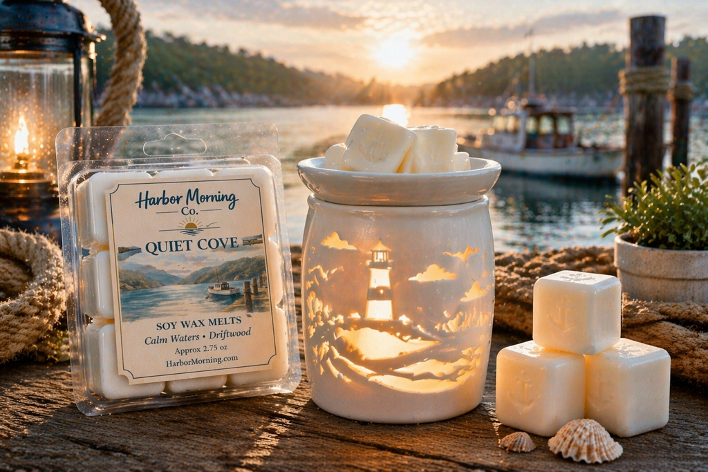 Harbor Morning Co. Quiet Cove 3.5oz coastal wax melts on a dock with lit wax warmer, weathered rope, seashell, nautical lamp, and a quiet cove fishing boat in the background