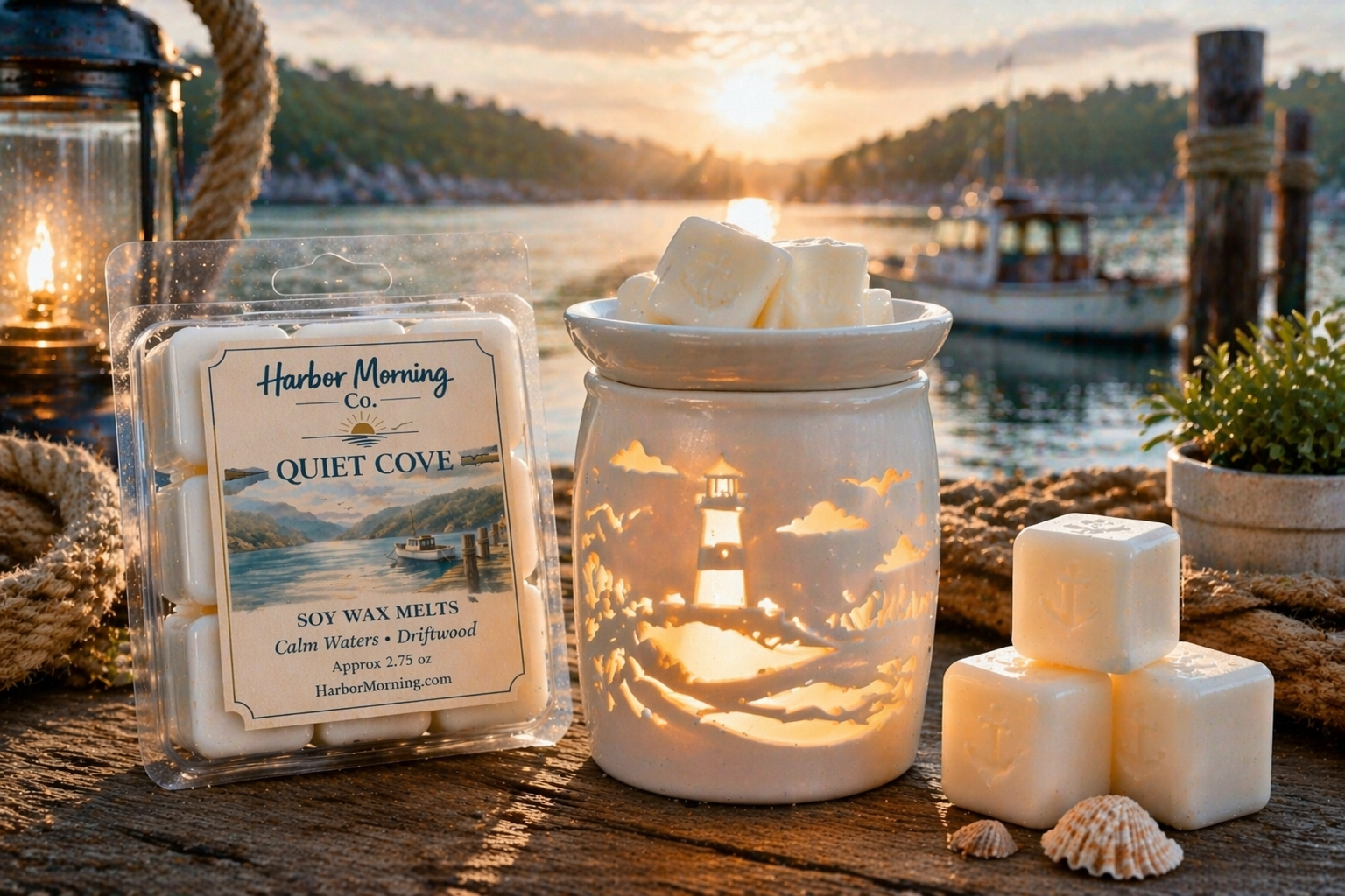 Harbor Morning Co. Quiet Cove 3.5oz coastal wax melts on a dock with lit wax warmer, weathered rope, seashell, nautical lamp, and a quiet cove fishing boat in the background