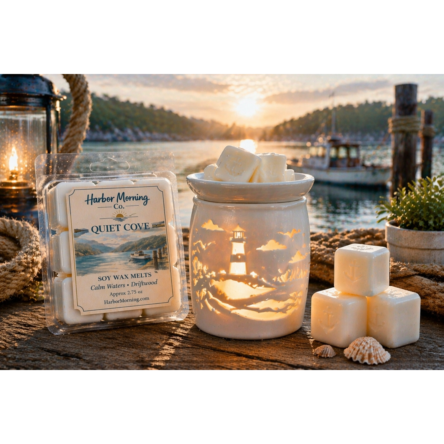 Harbor Morning Co. Quiet Cove 3.5oz coastal wax melts on a dock with lit wax warmer, weathered rope, seashell, nautical lamp, and a quiet cove fishing boat in the background