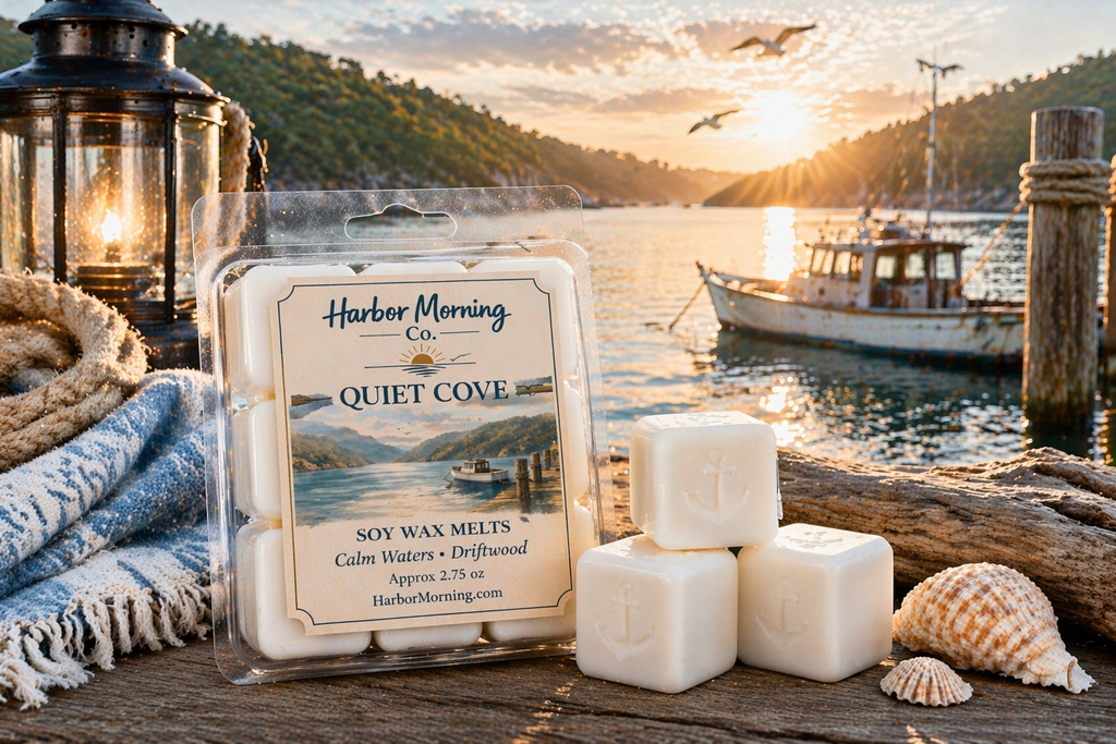 Harbor Morning Co. Quiet Cove 3.5oz coastal wax melts on a dock at sunrise with weathered rope, rusty fishing boat, birds flying, and coastal wellness atmosphere