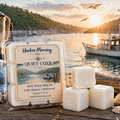 Harbor Morning Co. Quiet Cove 3.5oz coastal wax melts on a dock at sunrise with weathered rope, rusty fishing boat, birds flying, and coastal wellness atmosphere