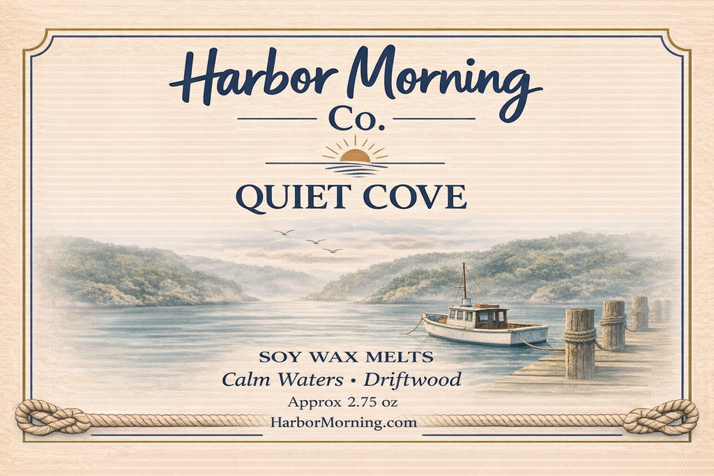 Harbor Morning Co. Quiet Cove 3.5oz coastal wax melt label featuring a boat tied to a pier in a cove with seagulls flying in the distance