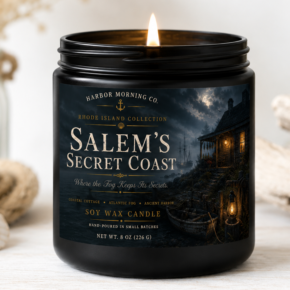 Salem's Secret Coast 8 oz Halloween soy candle by Harbor Morning Co.