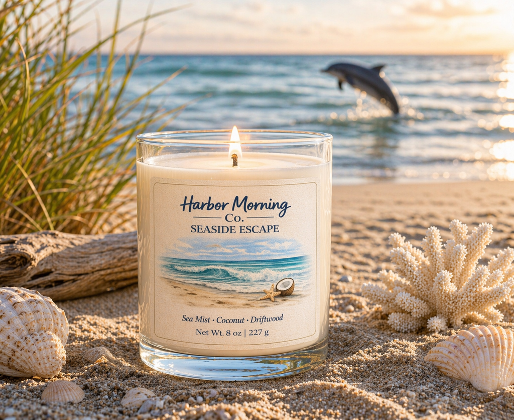 Harbor Morning Co. Seaside Escape 8oz hand-poured coastal soy candle on sandy beach with seashells, driftwood, sea grass, and dolphin jumping in the background