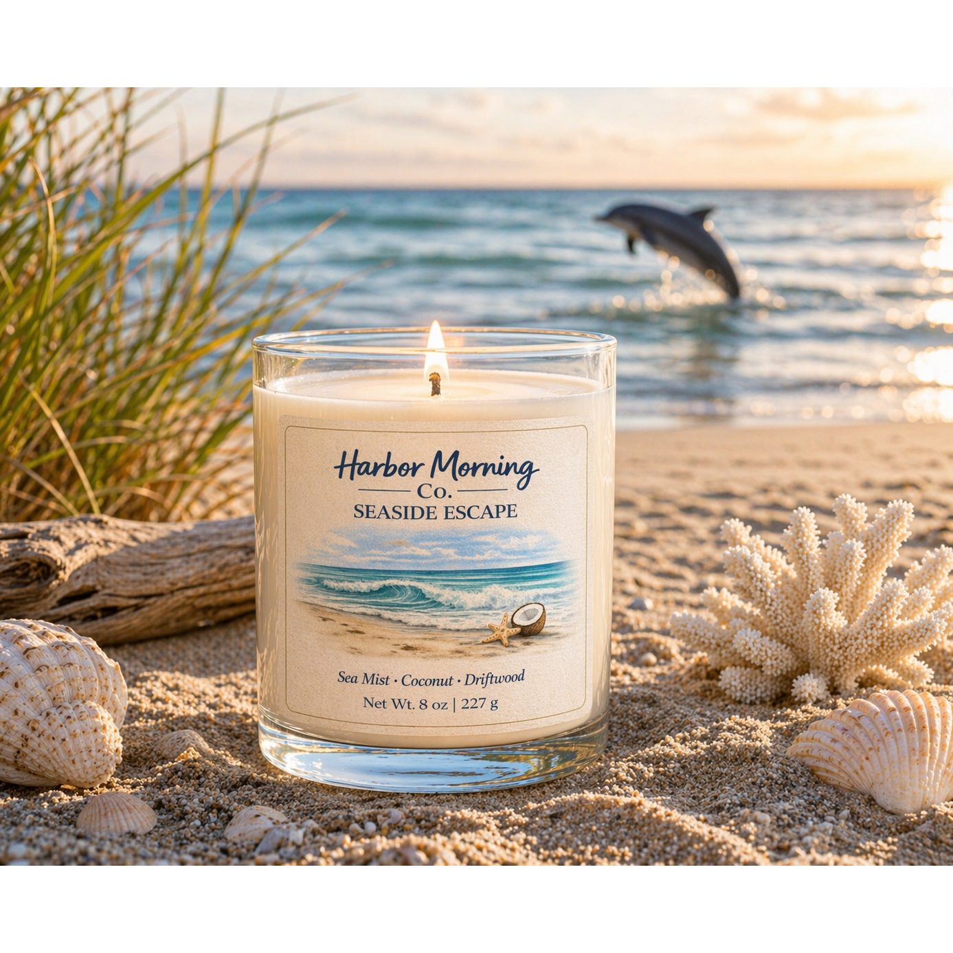 Harbor Morning Co. Seaside Escape 8oz hand-poured coastal soy candle on sandy beach with seashells, driftwood, sea grass, and dolphin jumping in the background