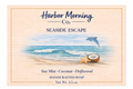 Harbor Morning Co. Seaside Escape handcrafted goat milk soap label featuring a dolphin playing in the waves with a coconut and starfish on shore — sea mist, coconut, and driftwood scent