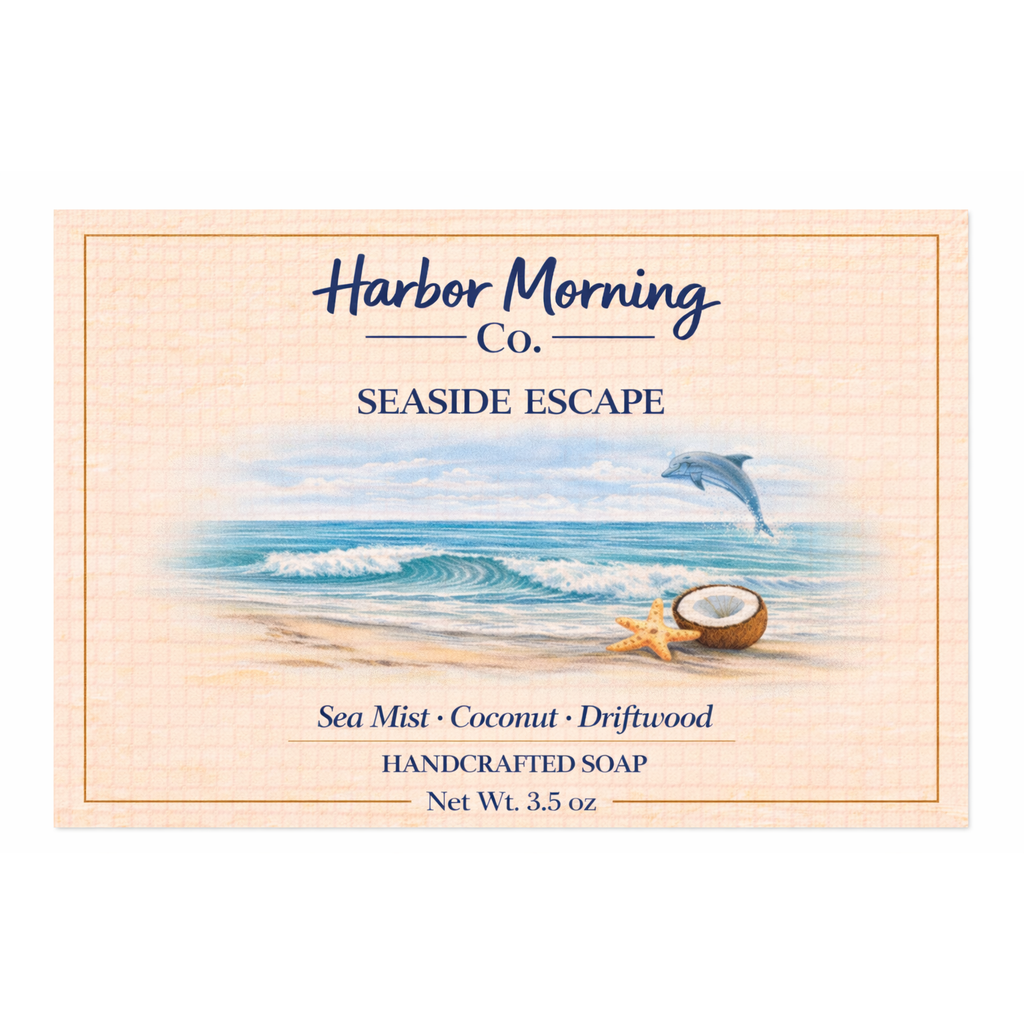 Harbor Morning Co. Seaside Escape handcrafted goat milk soap label featuring a dolphin playing in the waves with a coconut and starfish on shore — sea mist, coconut, and driftwood scent