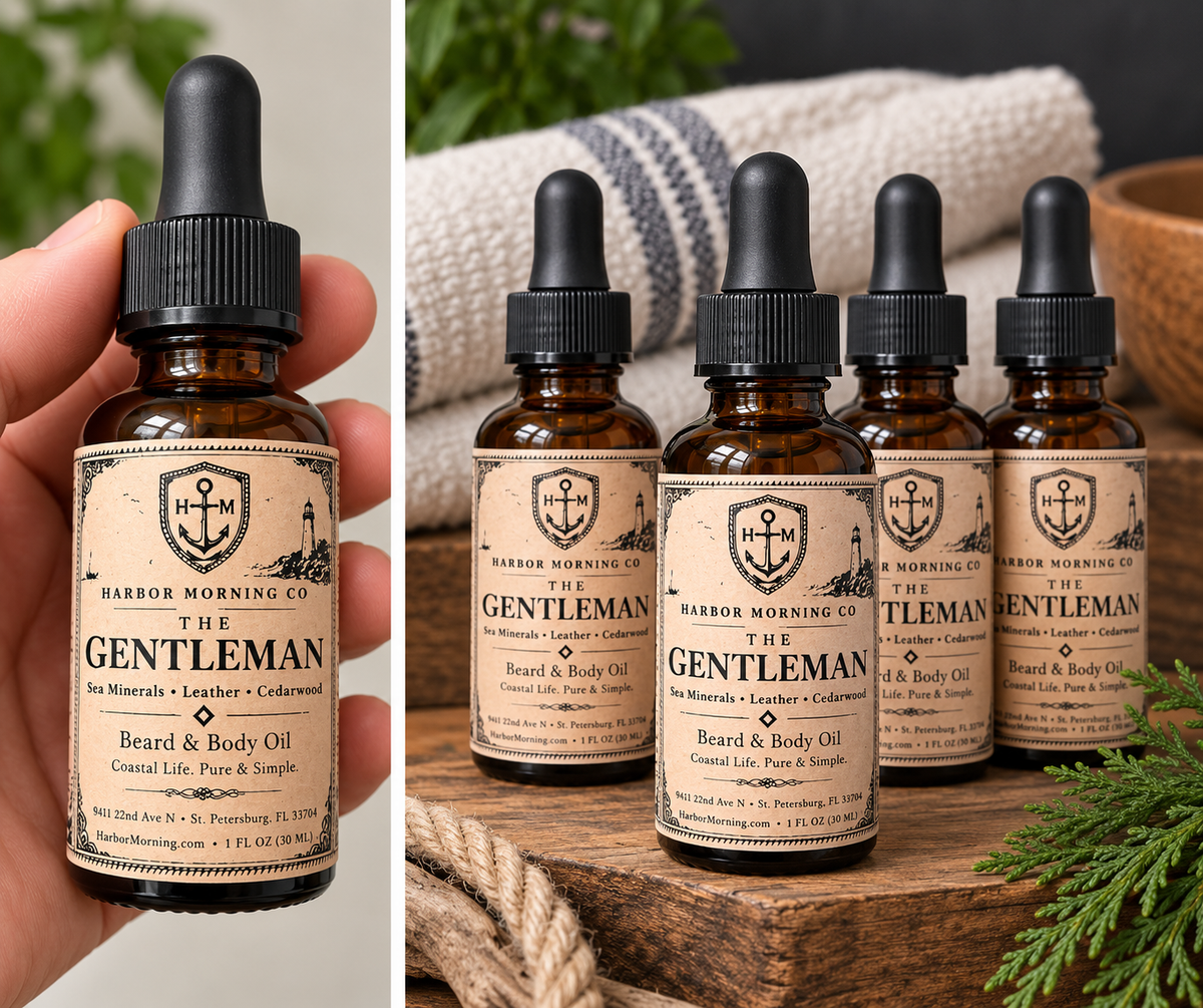 Harbor Morning The Gentleman Beard and Body Oil, Sea Minerals Leather Cedarwood, 1 fl oz