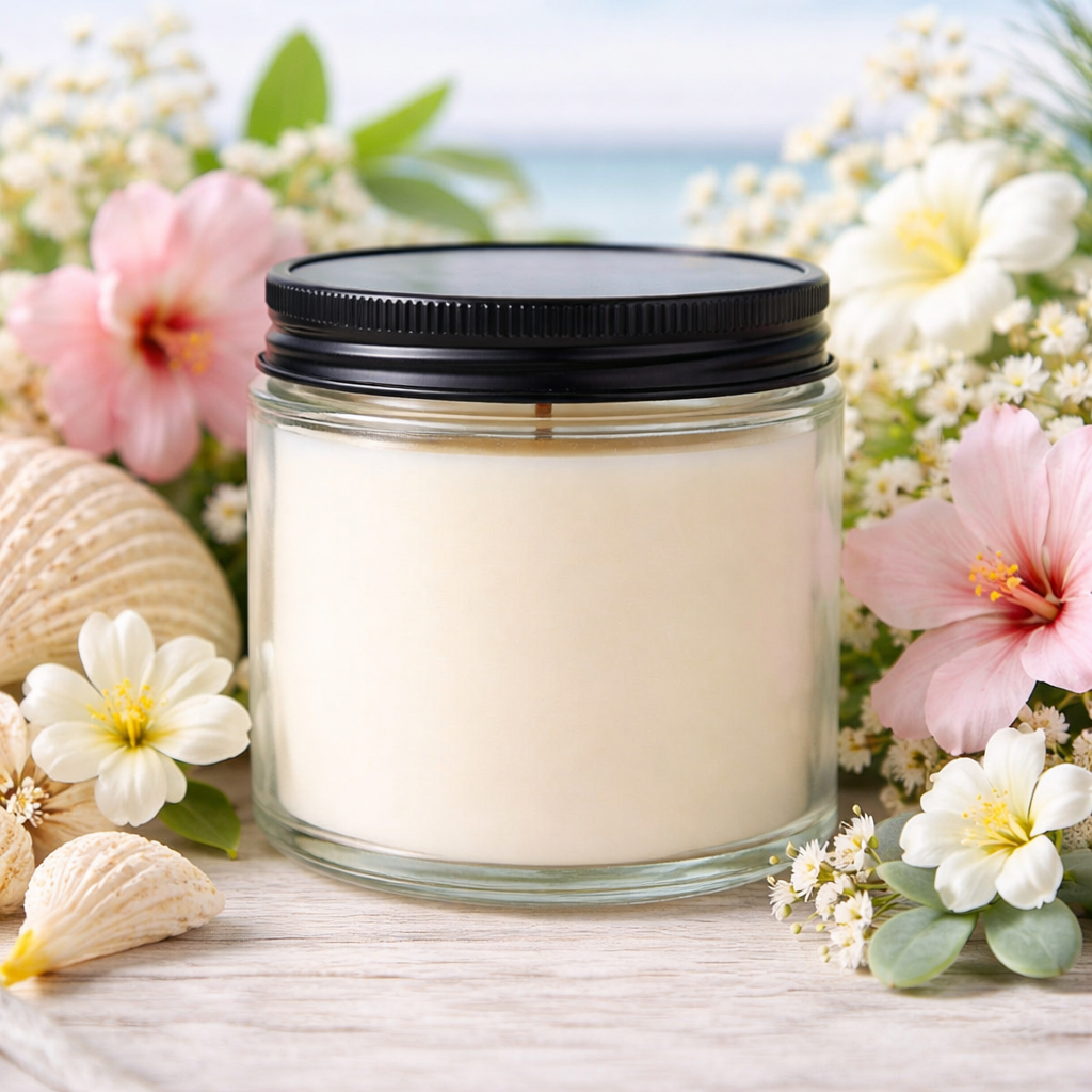 Harbor Morning Co. Tidal Bloom 4oz hand-poured coastal soy candle surrounded by beach flowers with ocean in the background