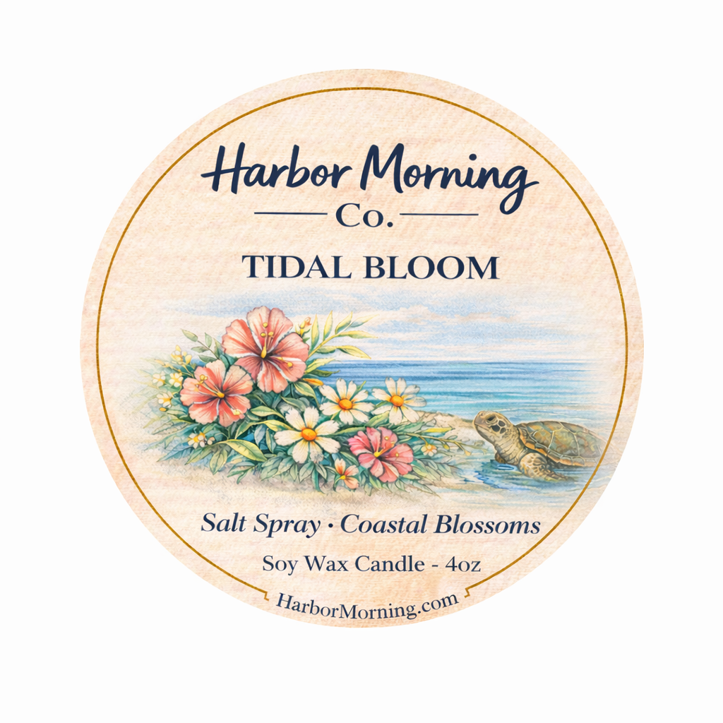 Harbor Morning Co. Tidal Bloom 4oz coastal soy candle label detail — hand-poured in Florida