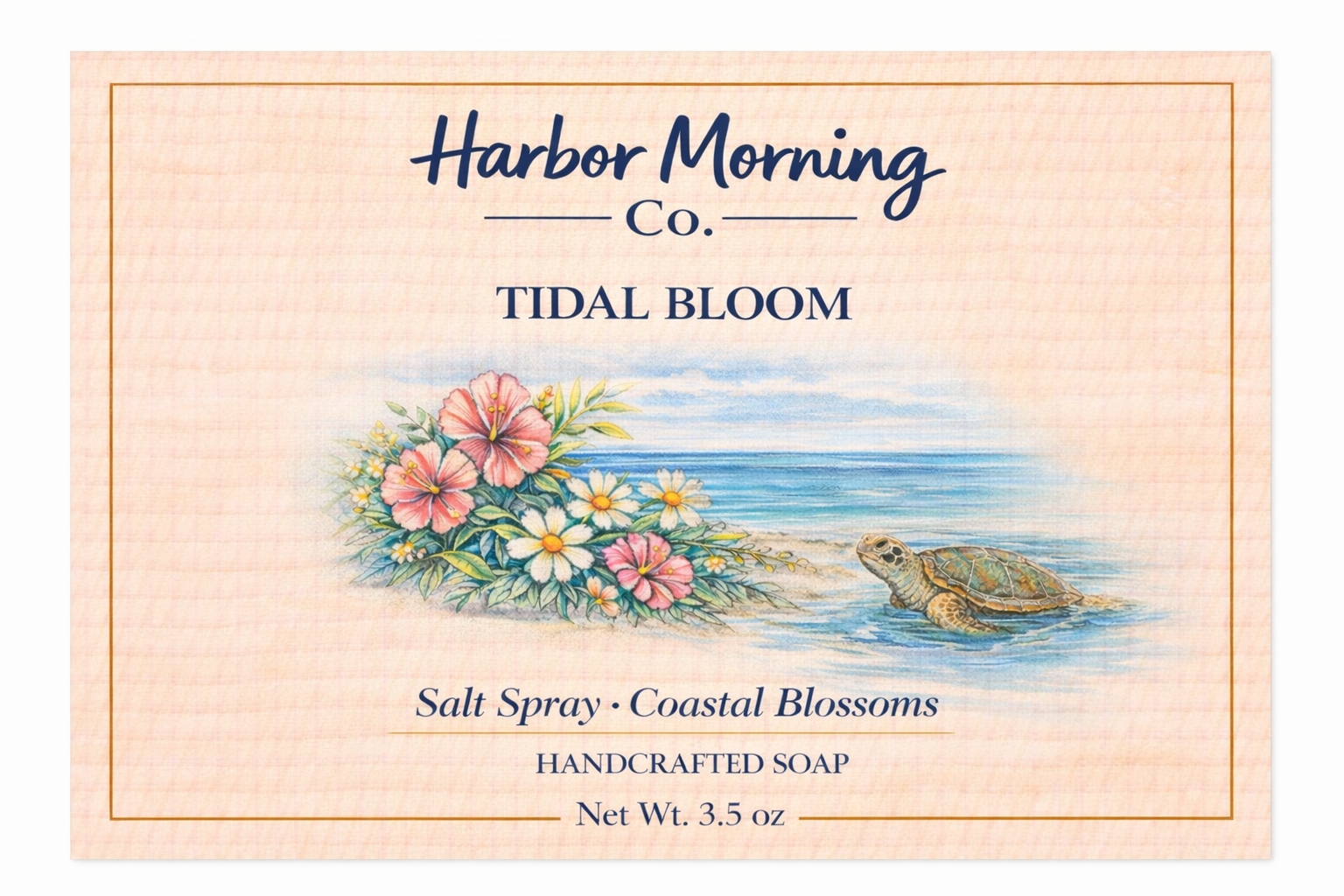 Harbor Morning Co. Tidal Bloom handcrafted goat milk soap label featuring a sea turtle swimming toward a flower-covered beach in full bloom — coastal floral scent