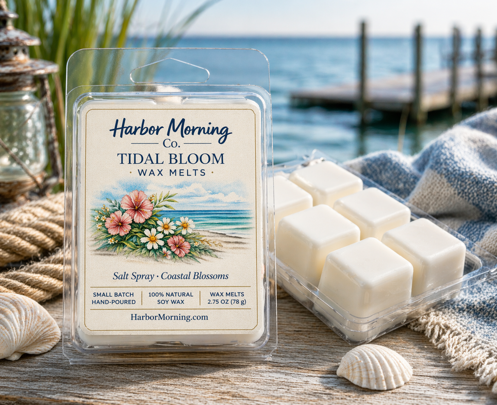 Harbor Morning Co. Tidal Bloom coastal wax melts front and back packaging on a dock with sea grass, ocean, and pier in the background — coastal wellness