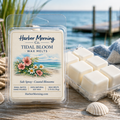 Harbor Morning Co. Tidal Bloom coastal wax melts front and back packaging on a dock with sea grass, ocean, and pier in the background — coastal wellness