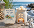 Harbor Morning Co. Tidal Bloom coastal wax melts on a dock with nautical lantern, wax warmer, sea grass, seashells, towel, and ocean in the background