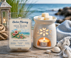 Harbor Morning Co. Tidal Bloom coastal wax melts on a dock with nautical lantern, wax warmer, sea grass, seashells, towel, and ocean in the background