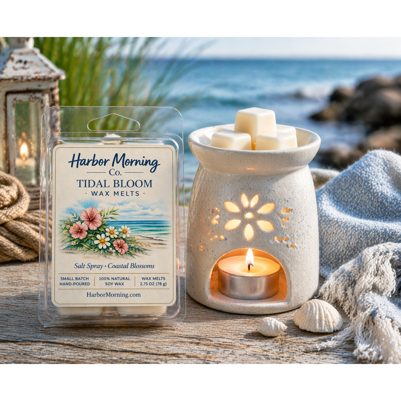 Harbor Morning Co. Tidal Bloom coastal wax melts on a dock with nautical lantern, wax warmer, sea grass, seashells, towel, and ocean in the background