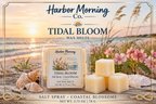 Harbor Morning Co. Tidal Bloom coastal wax melts on driftwood with sea grass, ocean flowers, and sunrise over the sea — a coastal wellness moment inspired by Florida's Gulf Coast