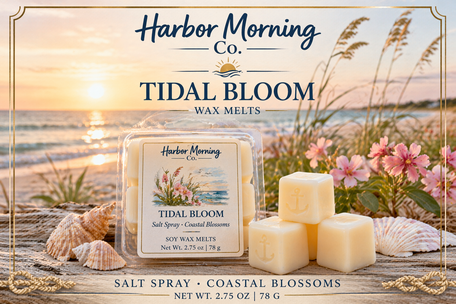 Harbor Morning Co. Tidal Bloom coastal wax melts on driftwood with sea grass, ocean flowers, and sunrise over the sea — a coastal wellness moment inspired by Florida's Gulf Coast